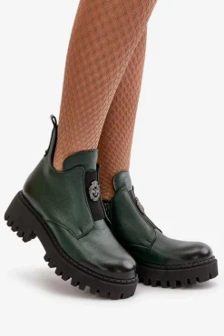 Zazoo 60451 Damskie Skórzane Botki Z Ozdobą Ciemnozielone