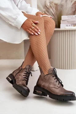 Zazoo 60309 Damskie Skórzane Botki Na Płaskim Obcasie Ciemnobeżowe