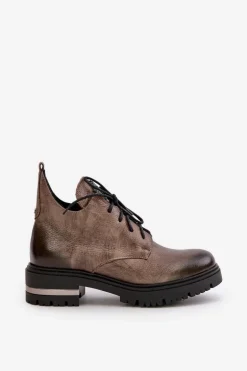 Zazoo 60309 Damskie Skórzane Botki Na Płaskim Obcasie Ciemnobeżowe