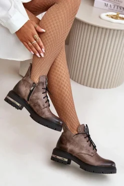 Zazoo 60309 Damskie Skórzane Botki Na Płaskim Obcasie Ciemnobeżowe