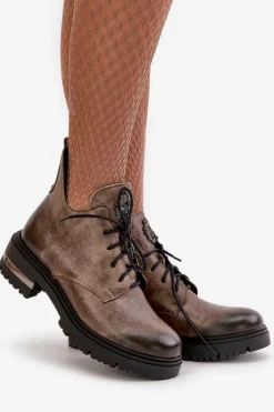 Zazoo 60309 Damskie Skórzane Botki Na Płaskim Obcasie Ciemnobeżowe