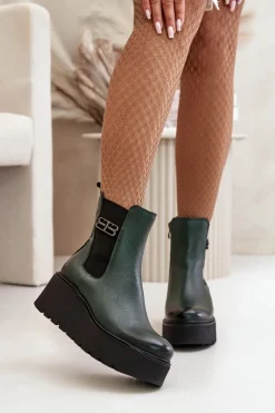 Zazoo 60498 Damskie Skórzane Botki Sztyblety Na Platformie I Koturnie Ciemnozielone