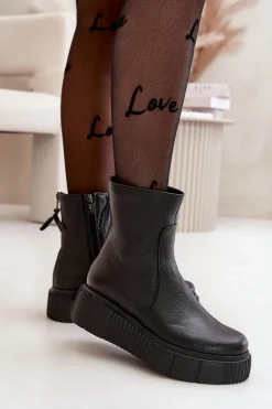 Zazoo 60369 Damskie Skórzane Botki Na Platformie Czarne