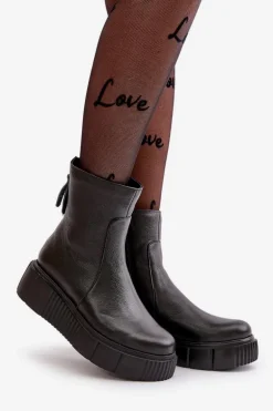 Zazoo 60369 Damskie Skórzane Botki Na Platformie Czarne