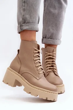 Zazoo 3413 Damskie Skórzane Botki Workery Na Masywnym Obcasie Beżowe