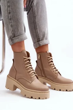 Zazoo 3413 Damskie Skórzane Botki Workery Na Masywnym Obcasie Beżowe