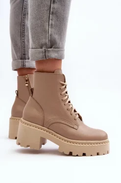 Zazoo 3413 Damskie Skórzane Botki Workery Na Masywnym Obcasie Beżowe