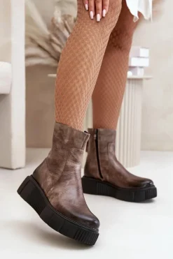 Zazoo 60369 Damskie Skórzane Botki Na Platformie Ciemnobeżowe