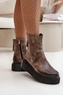 Zazoo 60369 Damskie Skórzane Botki Na Platformie Ciemnobeżowe