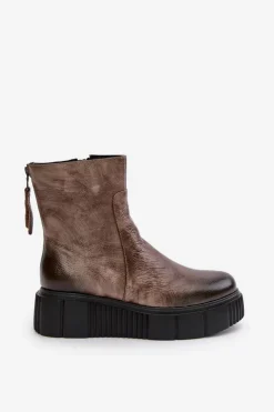 Zazoo 60369 Damskie Skórzane Botki Na Platformie Ciemnobeżowe