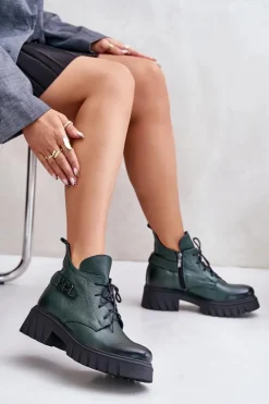 Zazoo 60483 Damskie Skórzane Botki Z Niską Cholewką Ocieplane Ciemnozielone