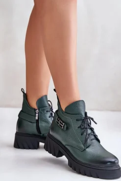 Zazoo 60483 Damskie Skórzane Botki Z Niską Cholewką Ocieplane Ciemnozielone