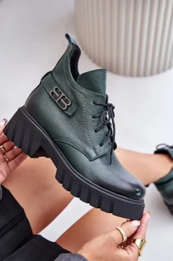 Zazoo 60483 Damskie Skórzane Botki Z Niską Cholewką Ocieplane Ciemnozielone