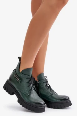 Zazoo 60483 Damskie Skórzane Botki Z Niską Cholewką Ocieplane Ciemnozielone