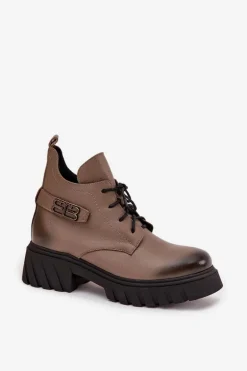 Zazoo 60483 Damskie Skórzane Botki Z Niską Cholewką Ocieplane Ciemnobeżowe