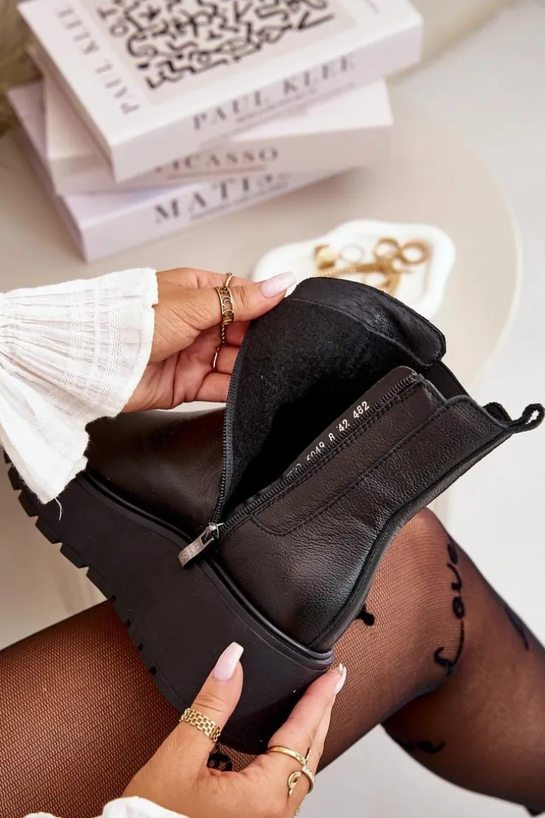 Zazoo 60498 Damskie Skórzane Botki Sztyblety Na Platformie I Koturnie Czarne