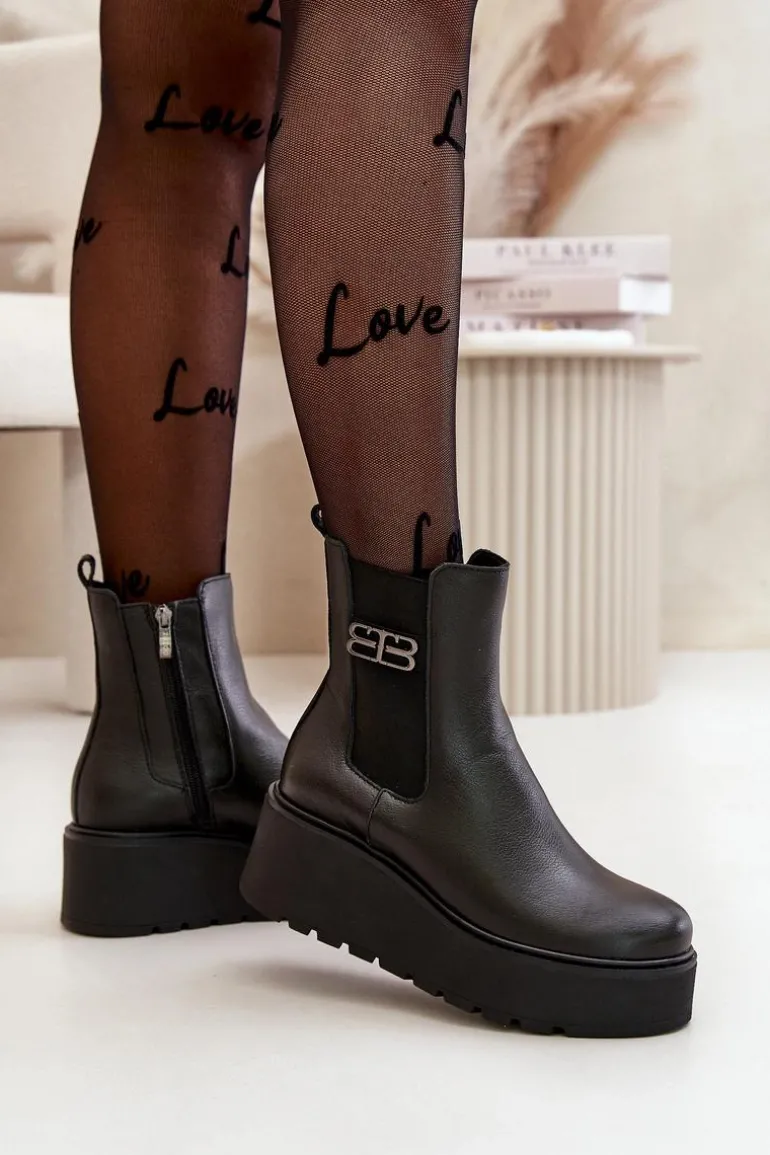 Zazoo 60498 Damskie Skórzane Botki Sztyblety Na Platformie I Koturnie Czarne