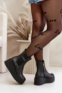 Zazoo 60498 Damskie Skórzane Botki Sztyblety Na Platformie I Koturnie Czarne