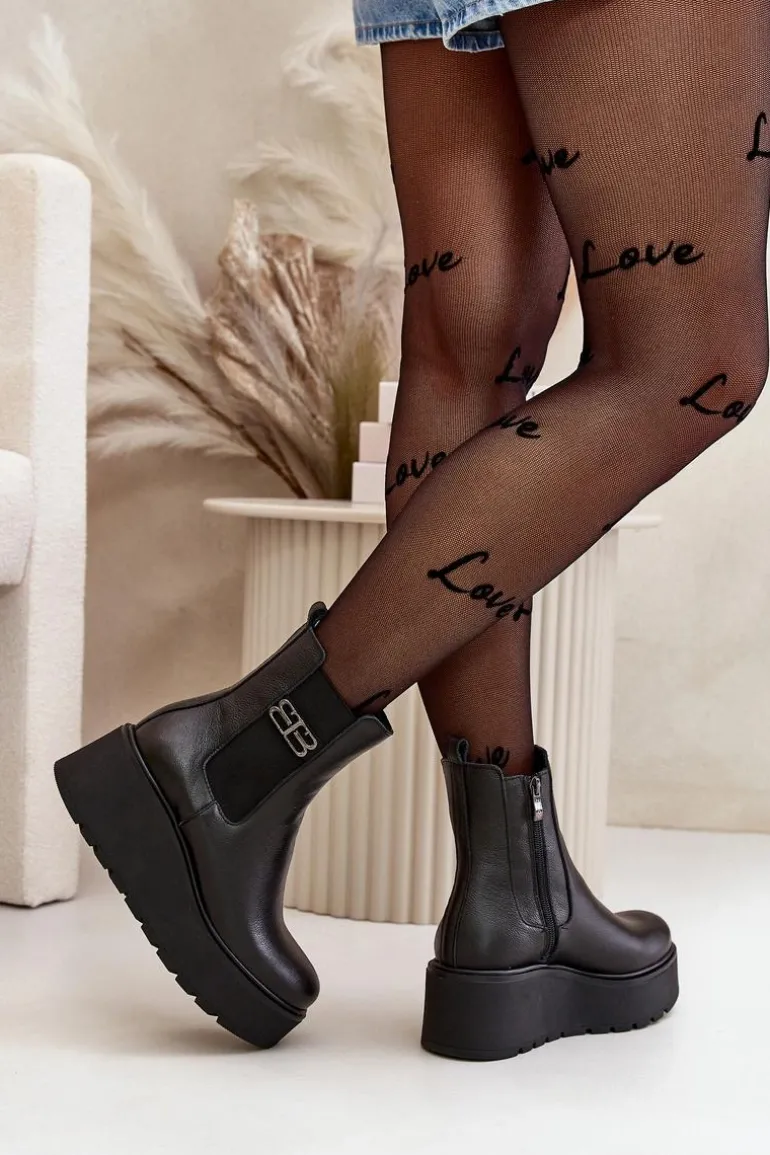 Zazoo 60498 Damskie Skórzane Botki Sztyblety Na Platformie I Koturnie Czarne