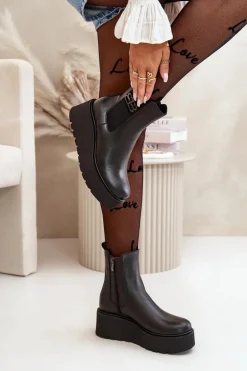 Zazoo 60498 Damskie Skórzane Botki Sztyblety Na Platformie I Koturnie Czarne