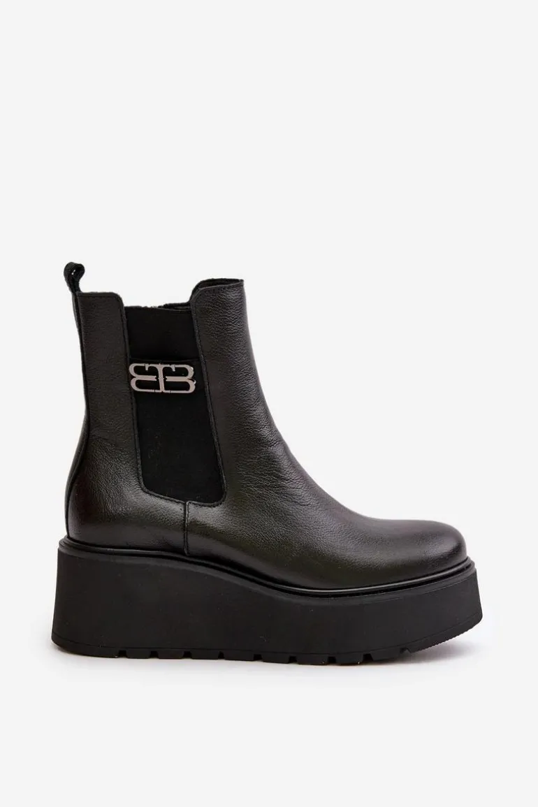 Zazoo 60498 Damskie Skórzane Botki Sztyblety Na Platformie I Koturnie Czarne