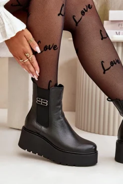 Zazoo 60498 Damskie Skórzane Botki Sztyblety Na Platformie I Koturnie Czarne