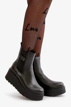 Zazoo 60498 Damskie Skórzane Botki Sztyblety Na Platformie I Koturnie Czarne