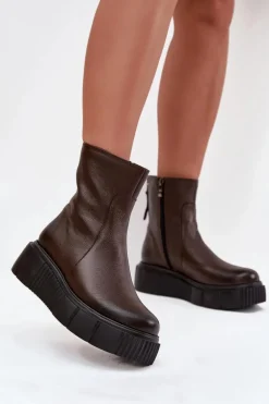 Zazoo 60369 Damskie Skórzane Botki Na Platformie Czekoladowe