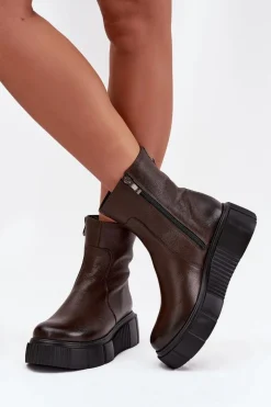 Zazoo 60369 Damskie Skórzane Botki Na Platformie Czekoladowe