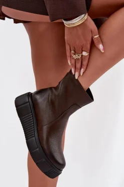 Zazoo 60369 Damskie Skórzane Botki Na Platformie Czekoladowe