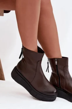 Zazoo 60369 Damskie Skórzane Botki Na Platformie Czekoladowe