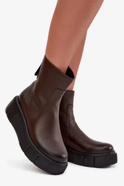 Zazoo 60369 Damskie Skórzane Botki Na Platformie Czekoladowe