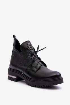 Zazoo 60309 Damskie Skórzane Botki Na Płaskim Obcasie Czarne