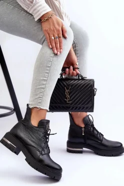 Zazoo 60309 Damskie Skórzane Botki Na Płaskim Obcasie Czarne