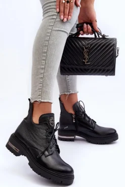 Zazoo 60309 Damskie Skórzane Botki Na Płaskim Obcasie Czarne