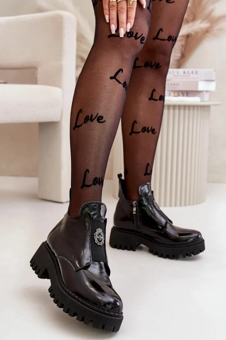 Zazoo 60451 Damskie Skórzane Botki Z Ozdobą Lakierowane Czarne