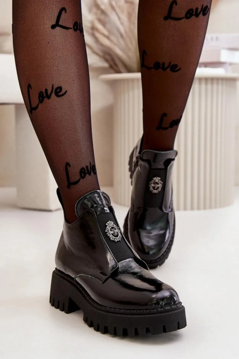 Zazoo 60451 Damskie Skórzane Botki Z Ozdobą Lakierowane Czarne