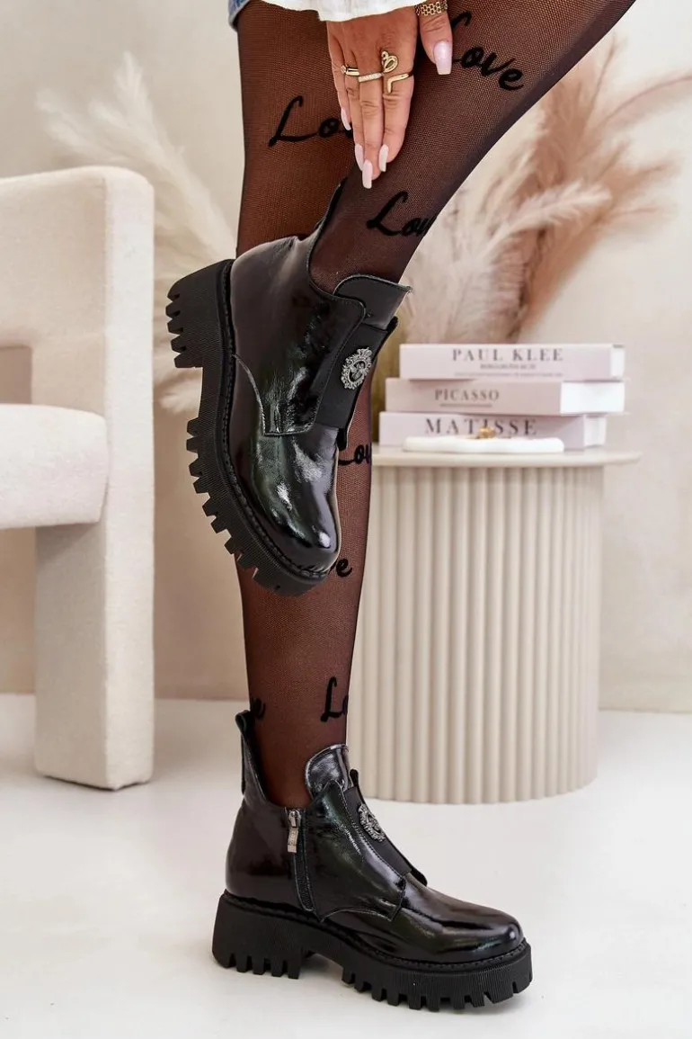 Zazoo 60451 Damskie Skórzane Botki Z Ozdobą Lakierowane Czarne