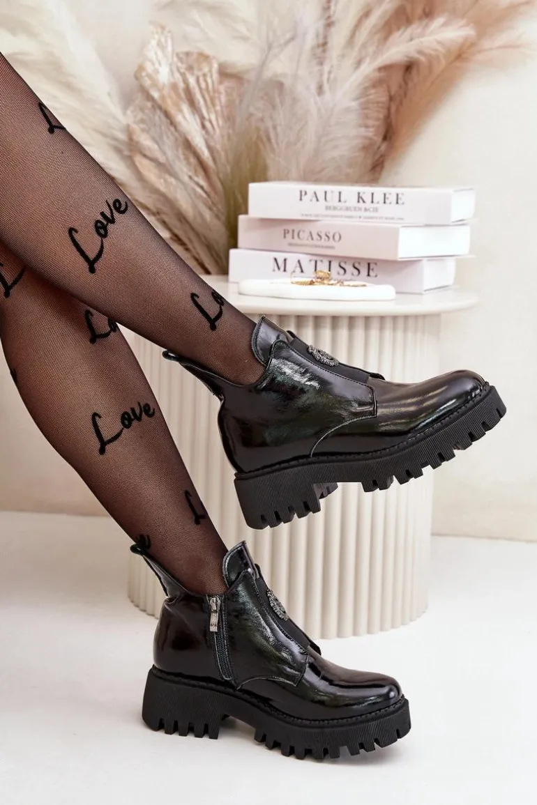 Zazoo 60451 Damskie Skórzane Botki Z Ozdobą Lakierowane Czarne