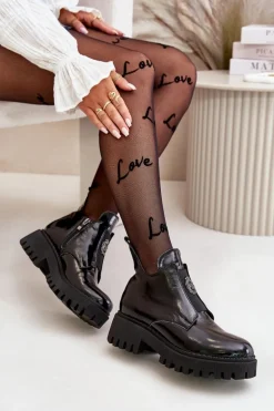 Zazoo 60451 Damskie Skórzane Botki Z Ozdobą Lakierowane Czarne