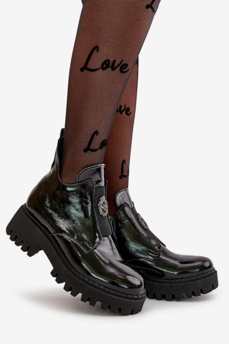 Zazoo 60451 Damskie Skórzane Botki Z Ozdobą Lakierowane Czarne