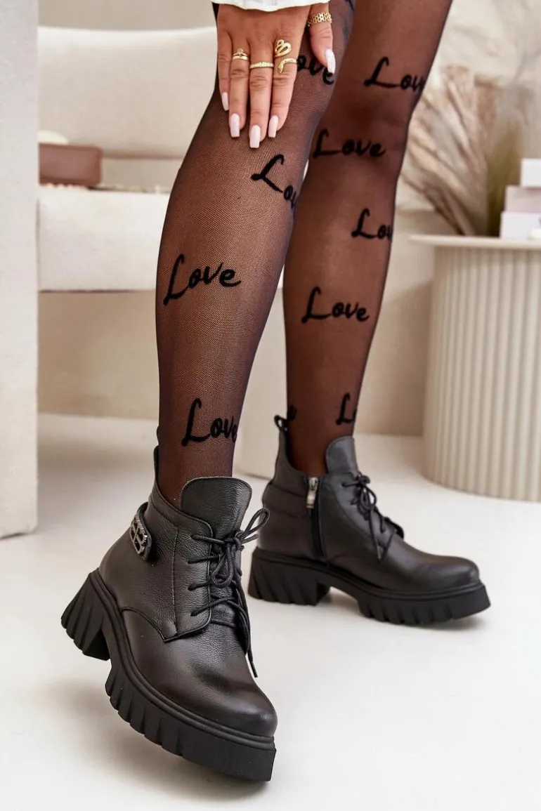 Zazoo 60483 Damskie Skórzane Botki Z Niską Cholewką Ocieplane Czarne