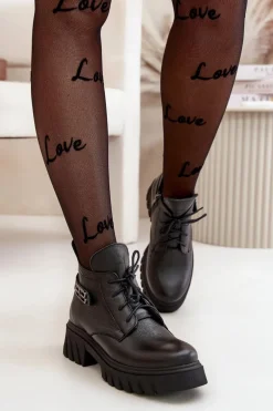 Zazoo 60483 Damskie Skórzane Botki Z Niską Cholewką Ocieplane Czarne