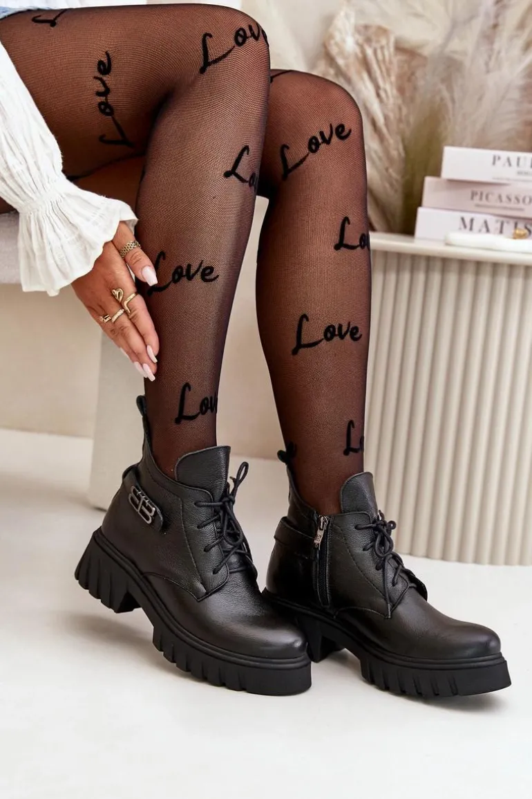 Zazoo 60483 Damskie Skórzane Botki Z Niską Cholewką Ocieplane Czarne