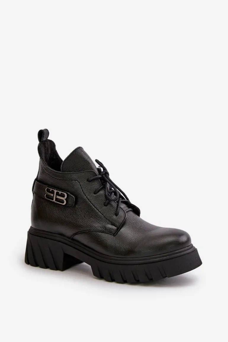 Zazoo 60483 Damskie Skórzane Botki Z Niską Cholewką Ocieplane Czarne