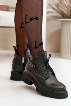 Zazoo 60483 Damskie Skórzane Botki Z Niską Cholewką Ocieplane Czarne