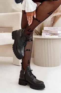 Zazoo 60483 Damskie Skórzane Botki Z Niską Cholewką Ocieplane Czarne