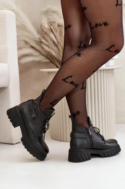 Zazoo 60483 Damskie Skórzane Botki Z Niską Cholewką Ocieplane Czarne