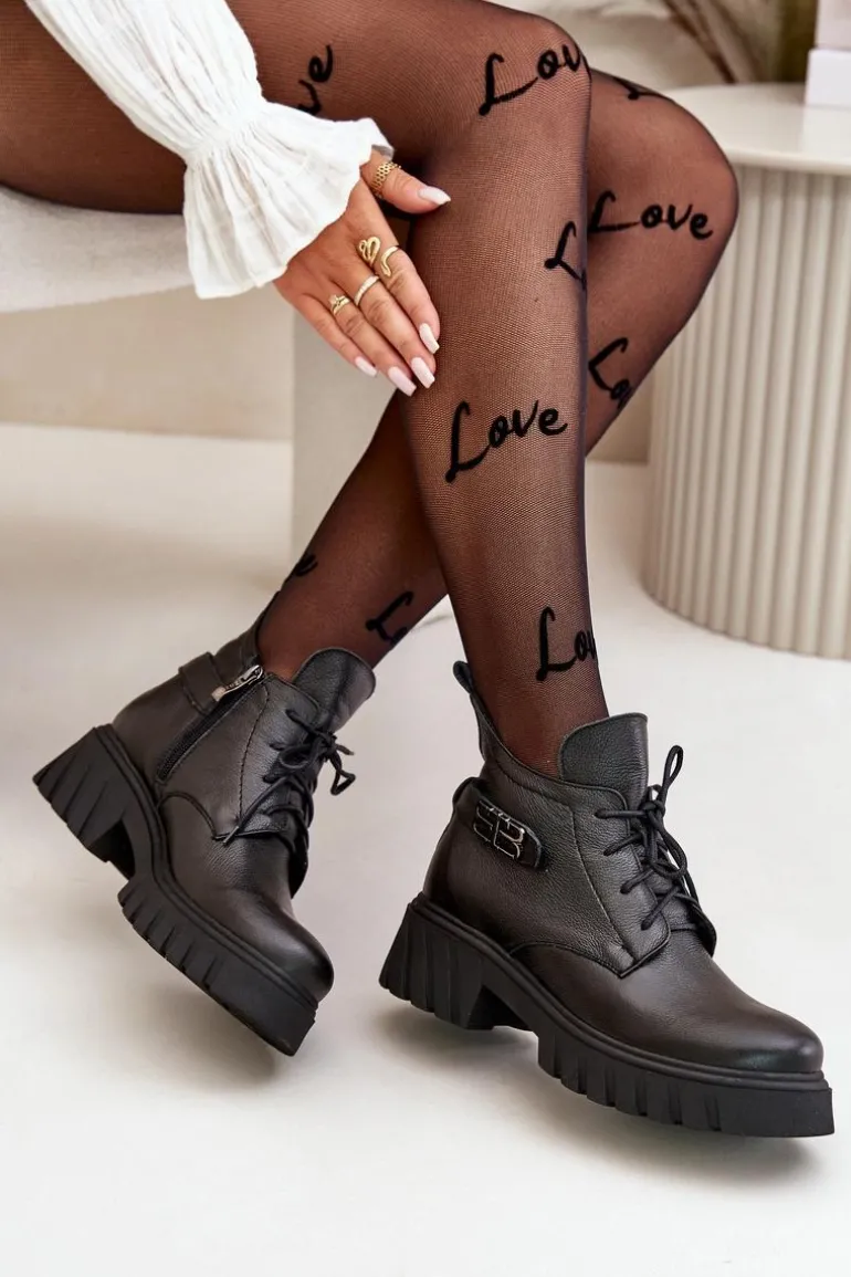 Zazoo 60483 Damskie Skórzane Botki Z Niską Cholewką Ocieplane Czarne