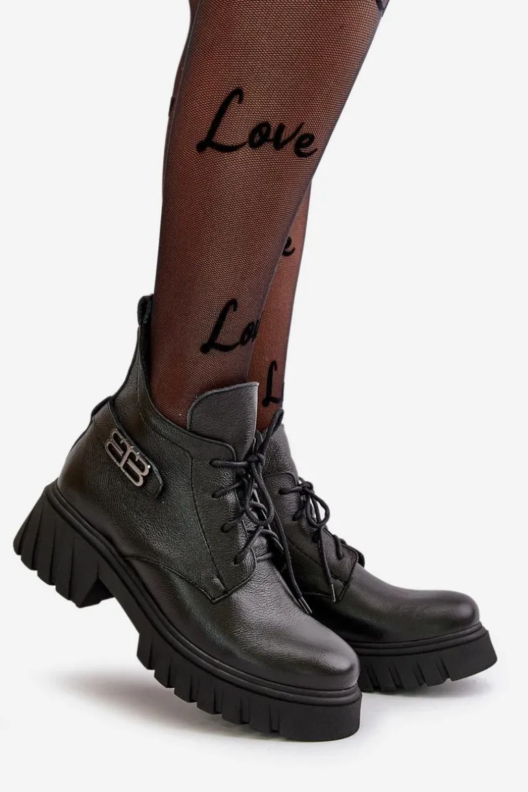 Zazoo 60483 Damskie Skórzane Botki Z Niską Cholewką Ocieplane Czarne